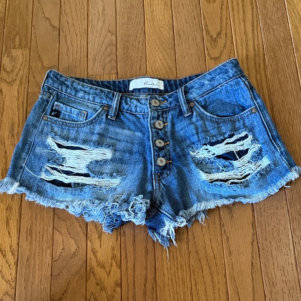 KanCan Distressed Medium Blue Button-Front Denim Shorts